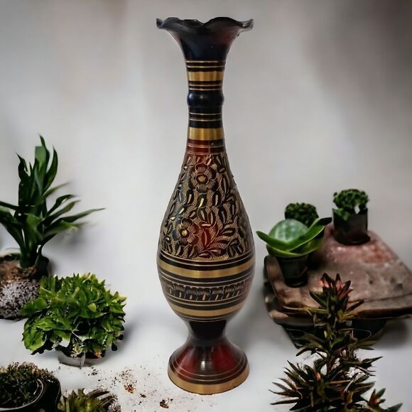 Brass Etched Gold Vase Brown Red Fluted Goth Witchy Kapasi Vintage Christmas - Picture 16 of 16